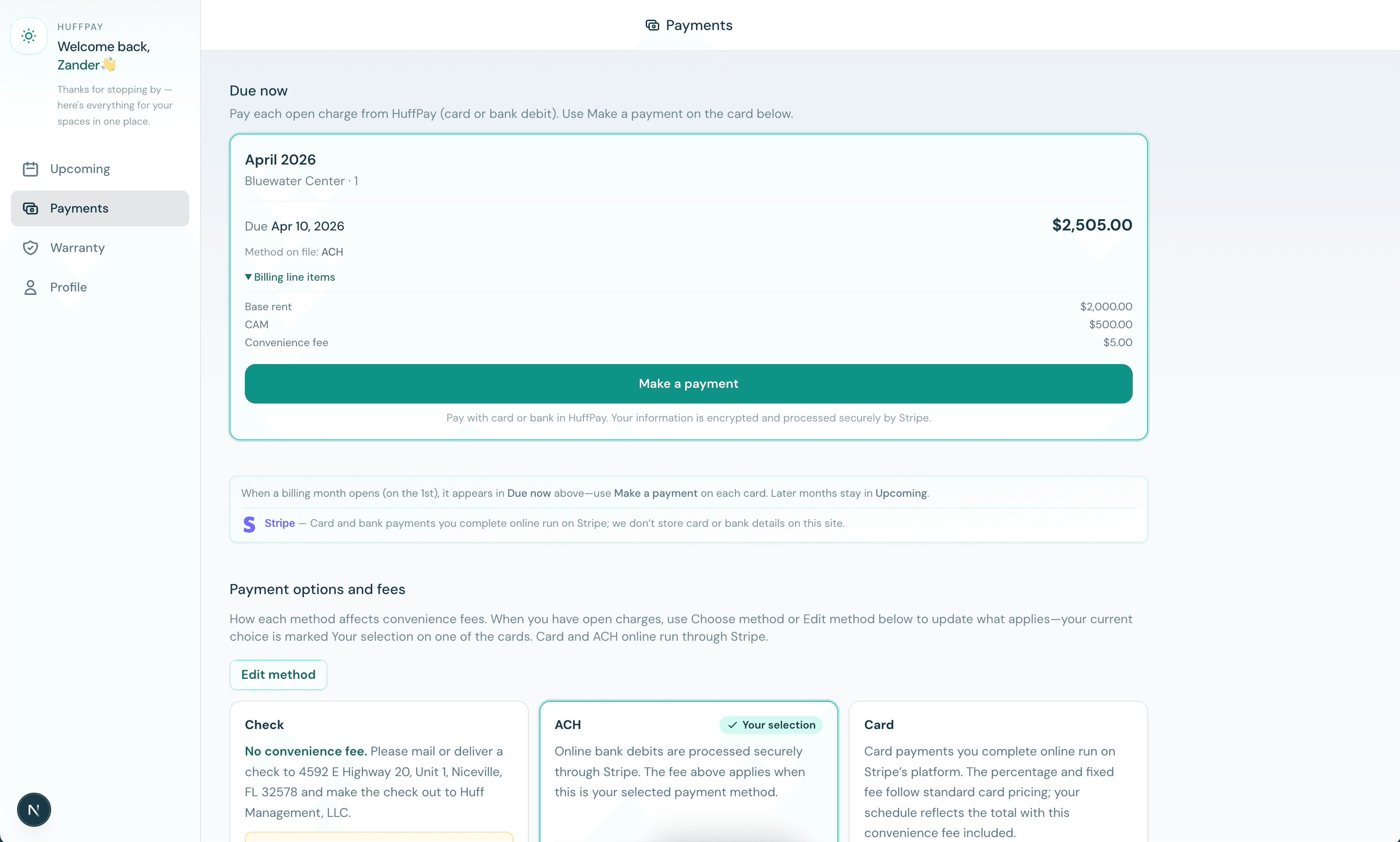 HuffPay Payments — balances, history, and pay flow