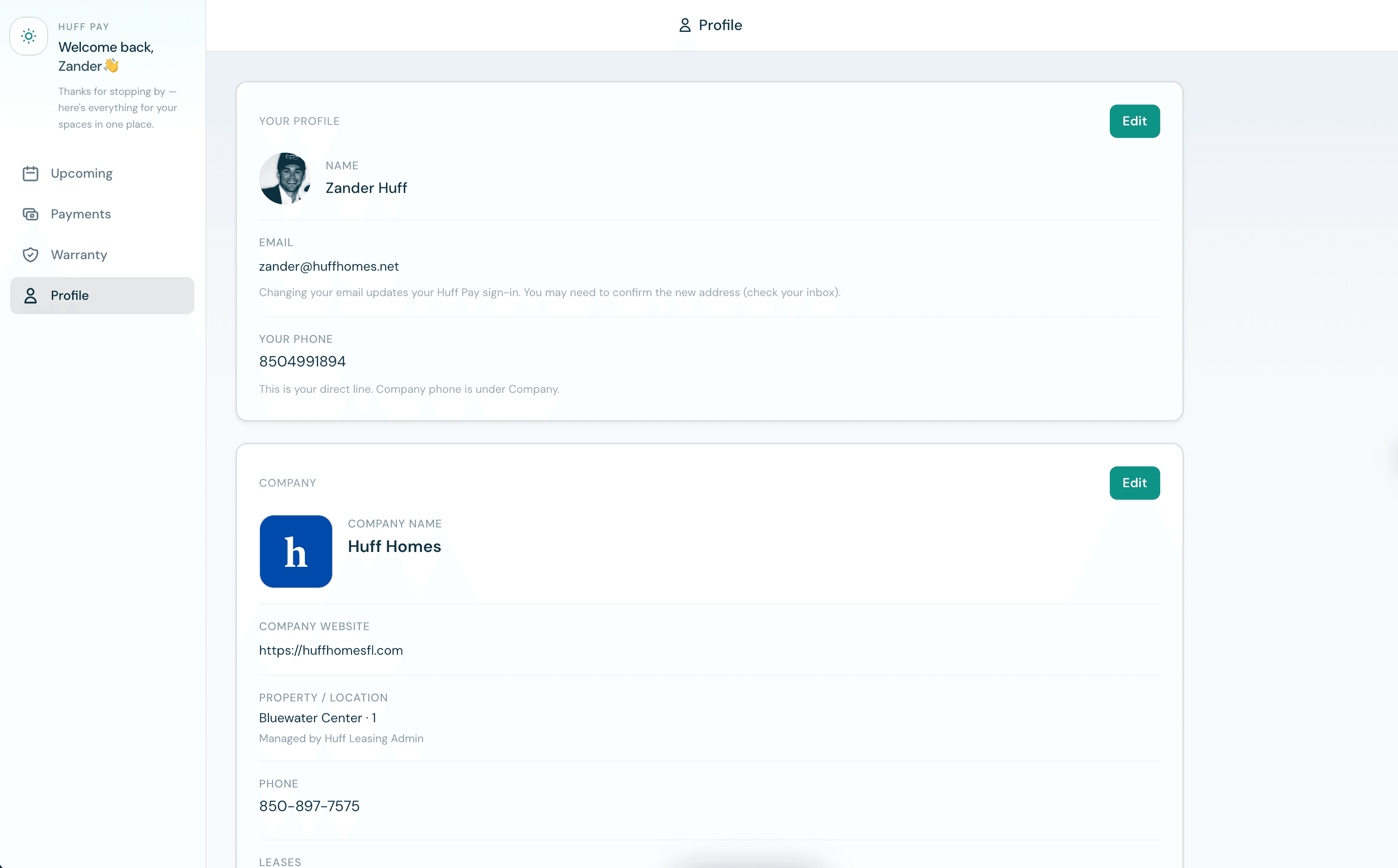 HuffPay Profile — account and lease context
