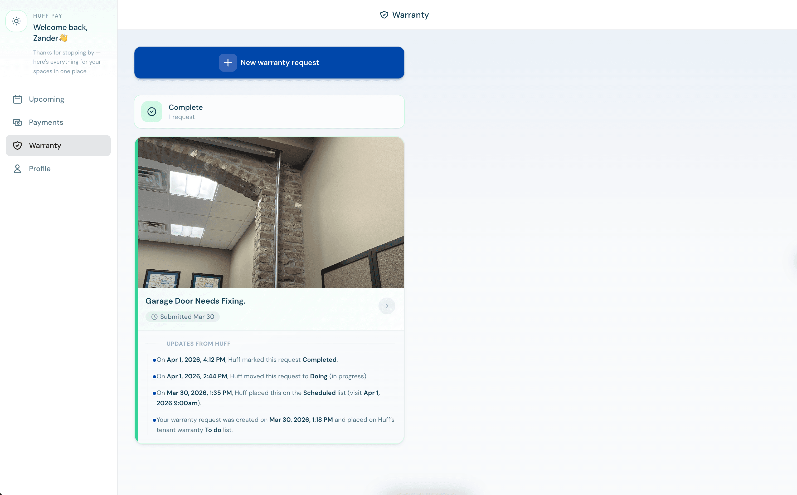 HuffPay Warranty — requests and status